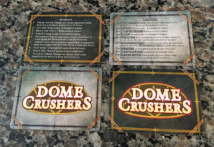 Dome Crushers card backs and reference cards
