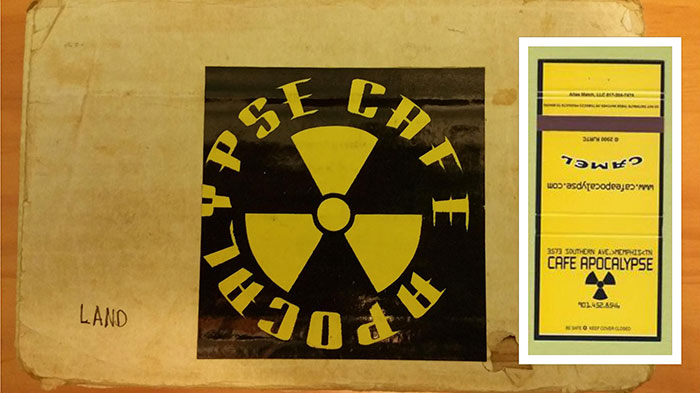 Aside from the wonderful memories, this matchbook and this bumper sticker stuck to an old Magic: the Gathering deck box are my only keepsakes from the Cafe Apocalypse. It shut its doors back in the early 2000s.