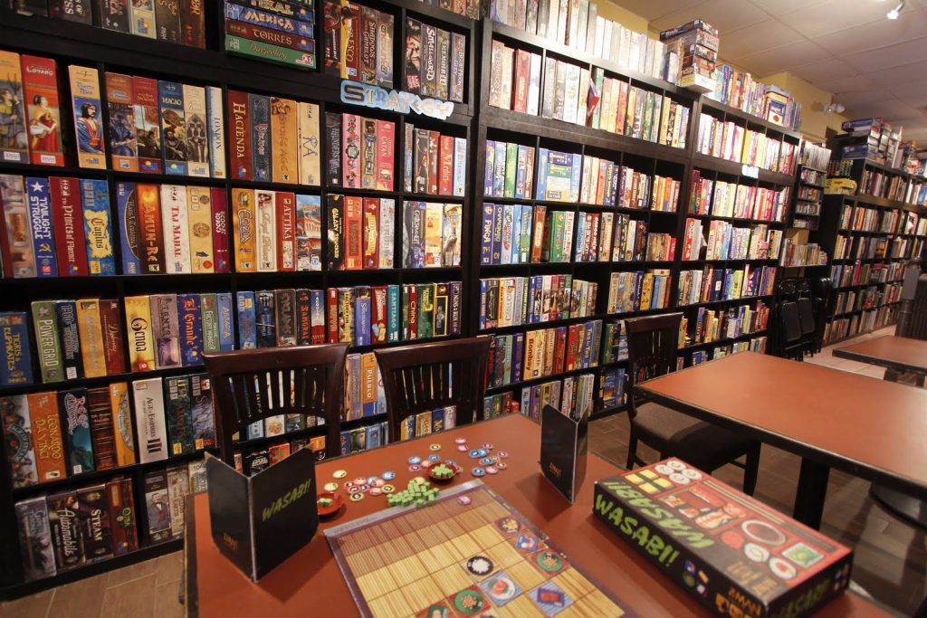 A typical board game cafe library