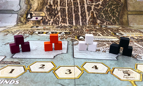 How are these painted wooden cubes supposed to represent the classic D&D character roles of Wizards (purple), Fighters (orange), Clerics (white), and Rogues (black) residing in buildings in the infamous D&D town of Waterdeep?