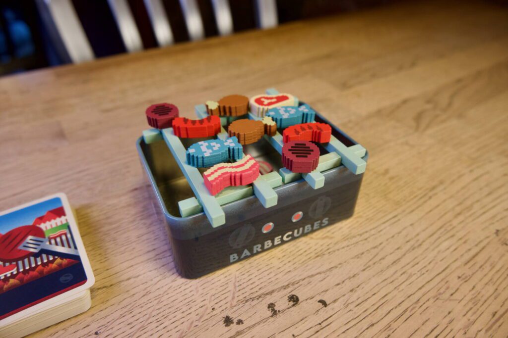 A close-up photo of the grill and components, which are all made to resemble old video game graphics. Lots of squares.