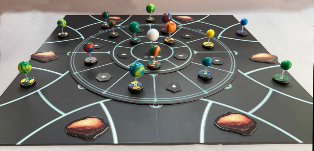 The standard edition of Last Light, with lollypop-like planets rising off the board.